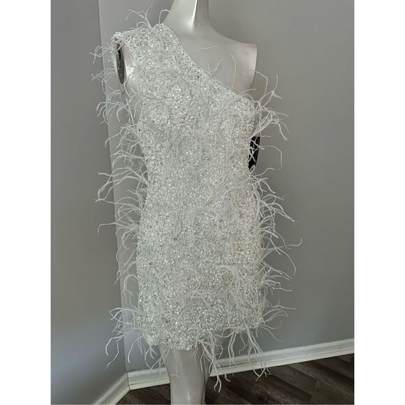 Retrofete One Shoulder Sina Ostrich Feather Bodycon Mini Dress White Small $895 - Picture 8 of 15